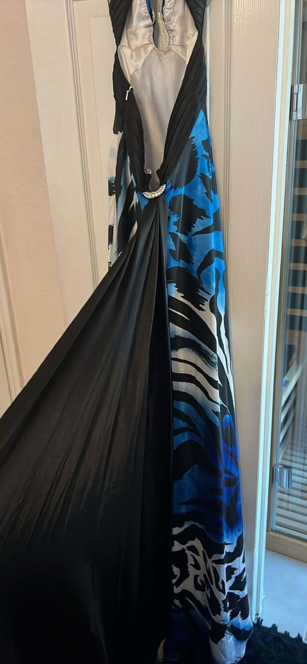 Cache Zebra Print Maxi Dress Size XS Blue Black Halter Rhinestone - Picture 2 of 6